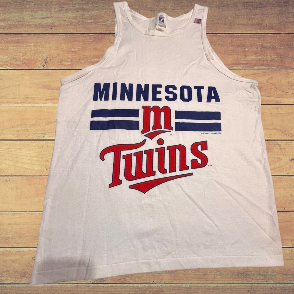 Vintage 1989 Minnesota Twins Tank Top Logo 7 Mens Medium White MLB Made in USA‎